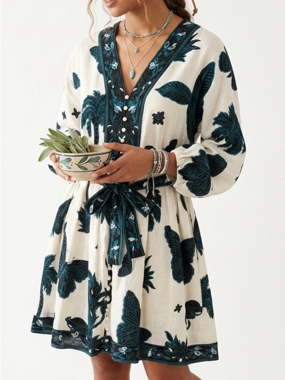 Banana Republic 100% Linen Tropical Butterfly Balloon Sleeve Mini Dress Size 0